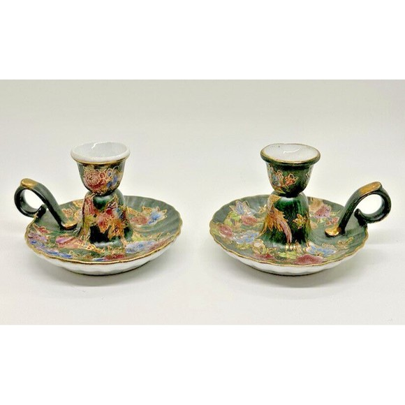 ISO Vintage Fitz And Floyd Green Birds and Flowers Hand Painted Candle Holders - Picture 1 of 7